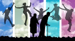 multi-colored picture of people jumping in the air; representing diversity in a age and racial groups