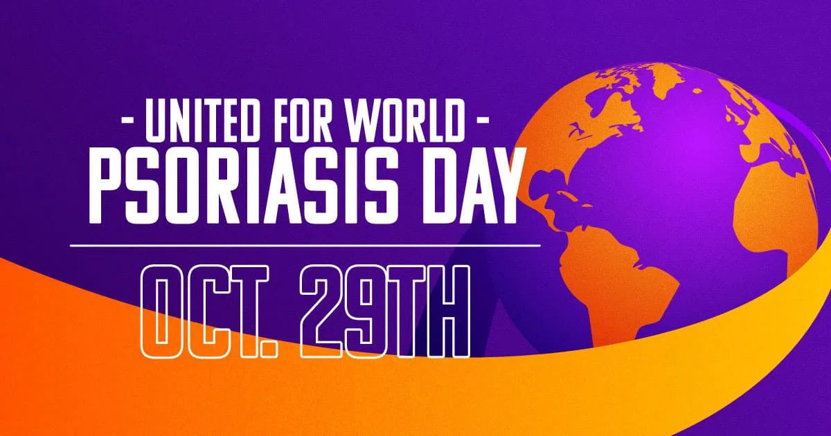 World Psoriasis Day Blog graphic- purple background with globe