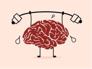 A drawing of a brain weightlifting and sweating